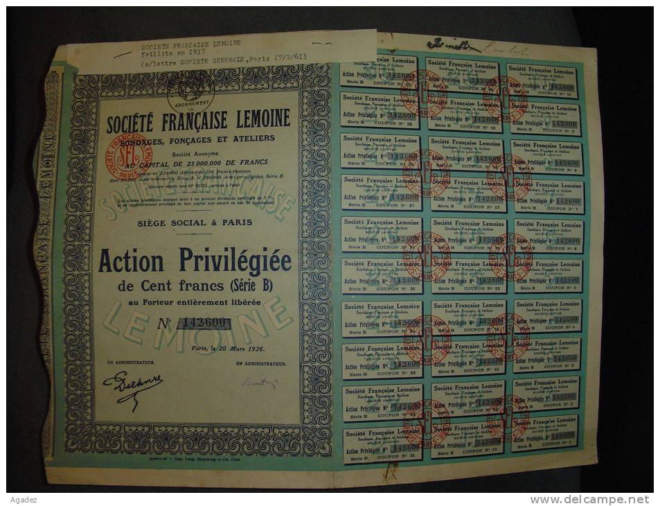 Action Privilégiée " Sté Française Lemoine " Sondages,fonçages Et Ateliers.Paris 1926 - Industrie