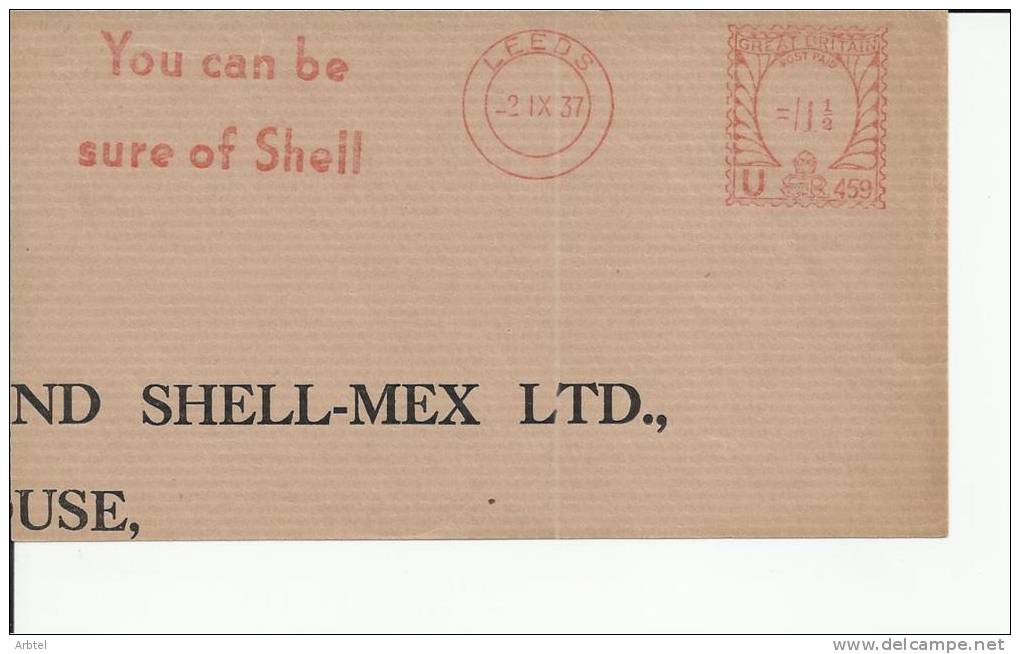 INGLATERRA FRAGMENTO CON FRANQUEO MECANICO SHELL LEEDS 1937 PETROLEO ENERGIA - Aardolie