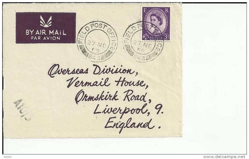 INGLATERRA FRONTAL CON MAT FIELD POST OFFICE 843 - Lettres & Documents