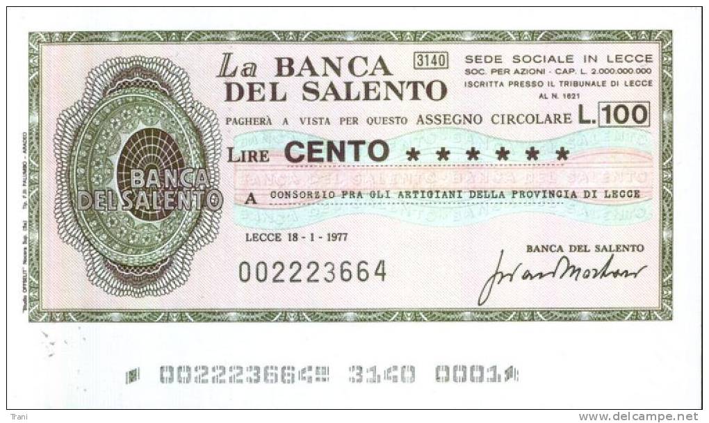BANCA DEL SALENTO - LECCE - Lire 100 - [10] Checks And Mini-checks