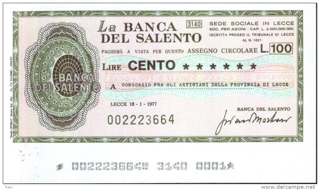 BANCA DEL SALENTO - LECCE - Lire 100 - [10] Chèques