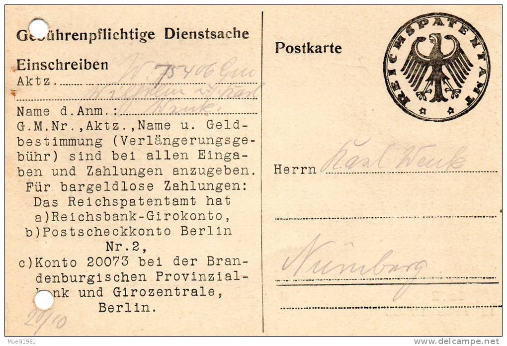 Postkarte, Deutsches Reich, Reichspatentamt  Berlin - Sonstige & Ohne Zuordnung