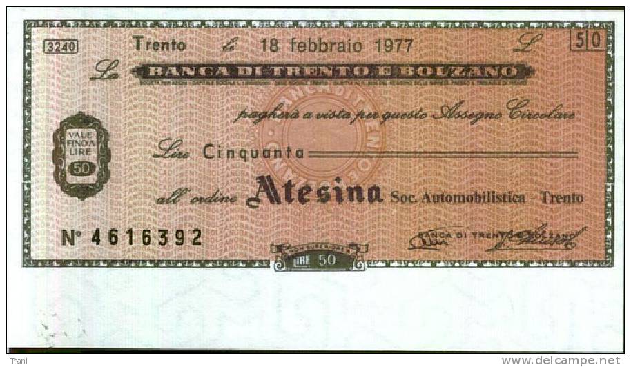 BANCA DI TRENTO E BOLZANO - TRENTO - Lire 50 Per ATESINA Trento - [10] Cheques Y Mini-cheques