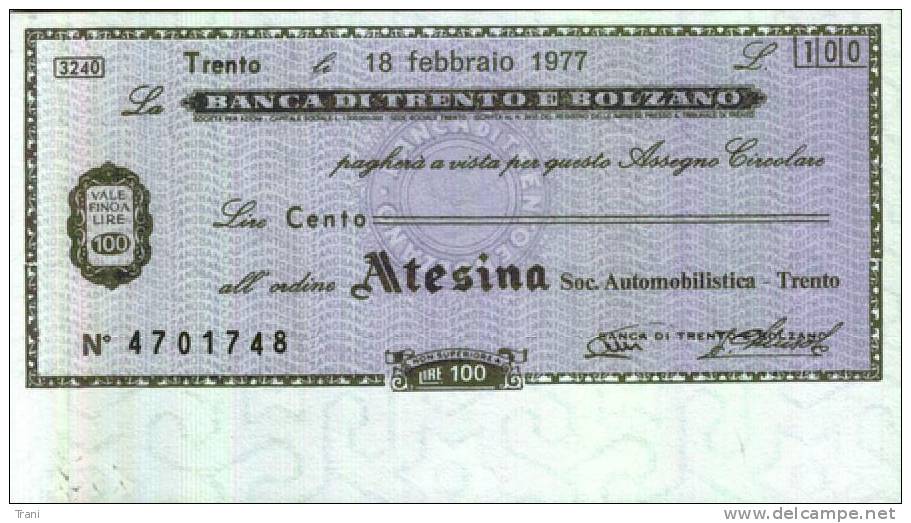 BANCA DI TRENTO E BOLZANO - TRENTO - Lire 100 Per ATESINA Trento - [10] Chèques