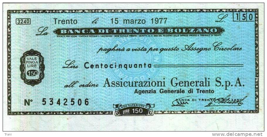 BANCA DI TRENTO E BOLZANO - TRENTO - Lire 150 Per Assicurazioni Generali Trento - [10] Scheck Und Mini-Scheck