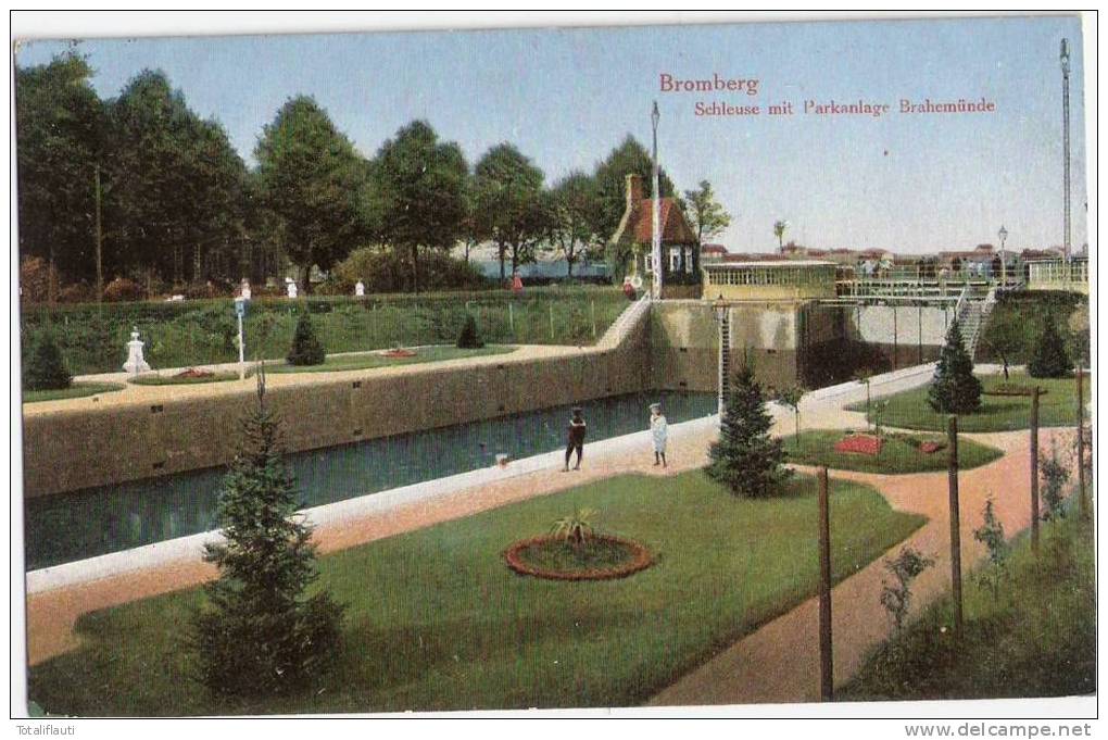 Bromberg Schleuse Mit Parkanlage Brahemündung Color Bydgoszcz 22.5.1916 Gelaufen - Westpreussen