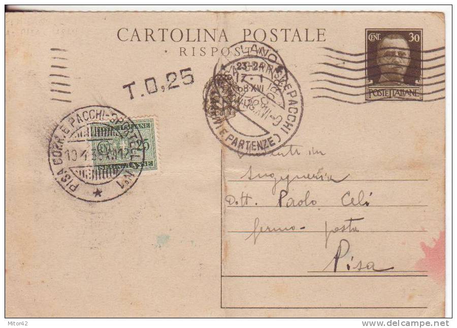 3-Segnatasse-Cartolina Postale Risposta Tassata Con Segnatasse 25c. Inconsueto Annullo T. 0,25-v.1938 - Segnatasse