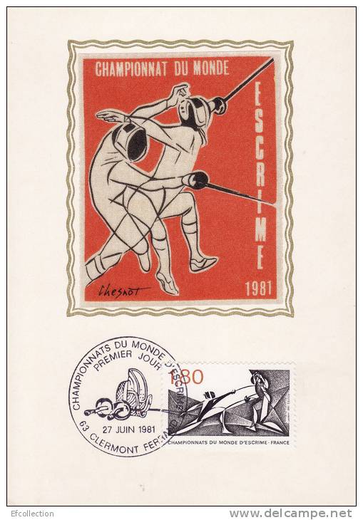 ESCRIME CHAMPIONNAT DU MONDE 1ER JOUR 1981 CLERMONT FERRANT SPORTS IMAGE SUR SOIE OBLITERATION & TIMBRE - Fencing