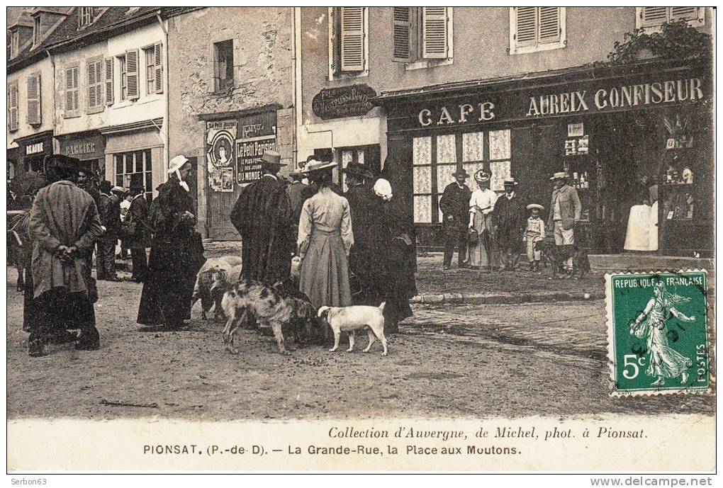 CPA 63330 PIONSAT LA PLACE AUX MOUTONS MICHEL PHOTO SAINT HILAIRE DE PIONSAT LE QUARTIER CAFE AUREIX CONFISEUR LE PETI - Montaigut