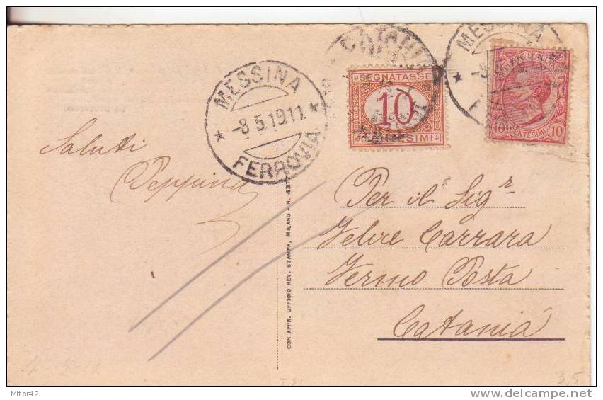 9*-Tassate-Segnatasse-Cartolina Poesia G.Bertacchi-10c.Leoni Tassata 10c. Fermo Posta-1919-Messina X Catania-Perfetta - Taxe