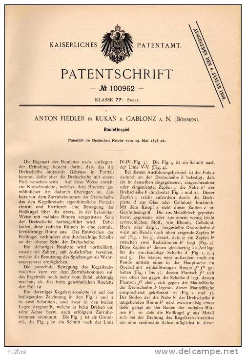 Original Patentschrift - A. Fiedler In Kukan / Kokonin B. Gablonz , 1898 , Roulette , Kreisel - Roulette , Casino !!! - Toy Memorabilia