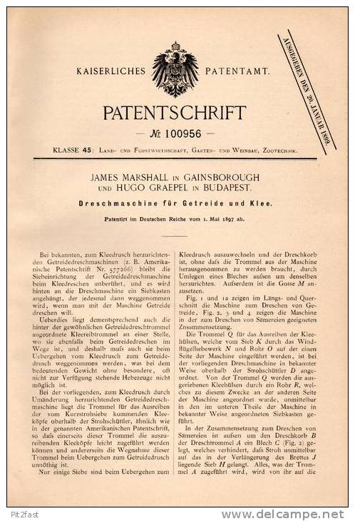 Original Patentschrift - J. Marshall In Gainsborough , 1897 , Machine For Threshing Grain And Clover , Agriculture !! - Tools