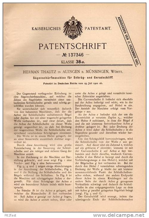 Original Patentschrift - H. Thalitz In Auingen B. Münsingen , 1901 , Sägenschärfmaschine , Säge , Sägeblatt , Tischlerei - Münsingen