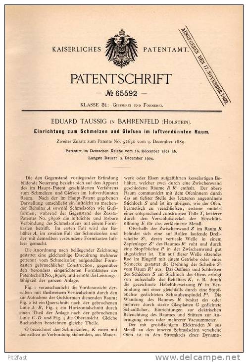 Original Patentschrift - E. Taussig In Bahrenfeld , Holstein , 1891 , Apparat Zum Scmelzen Und Gießen , Giesserei  !!! - Historische Dokumente