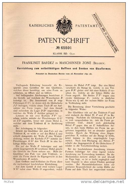 Original Patentschrift - F. Bardez In Maschinner Zone , Belgium , 1891 , Apparat Für Glasform , Glas , Glasbläser !!! - Glas & Kristall