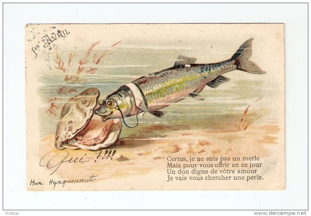 CPA :  1er Avril : Poisson Avec Faux Col & Lorgnons Cherchant 1 Perle Dans Une Huitre + Petit Poème - 1er Avril - Poisson D'avril