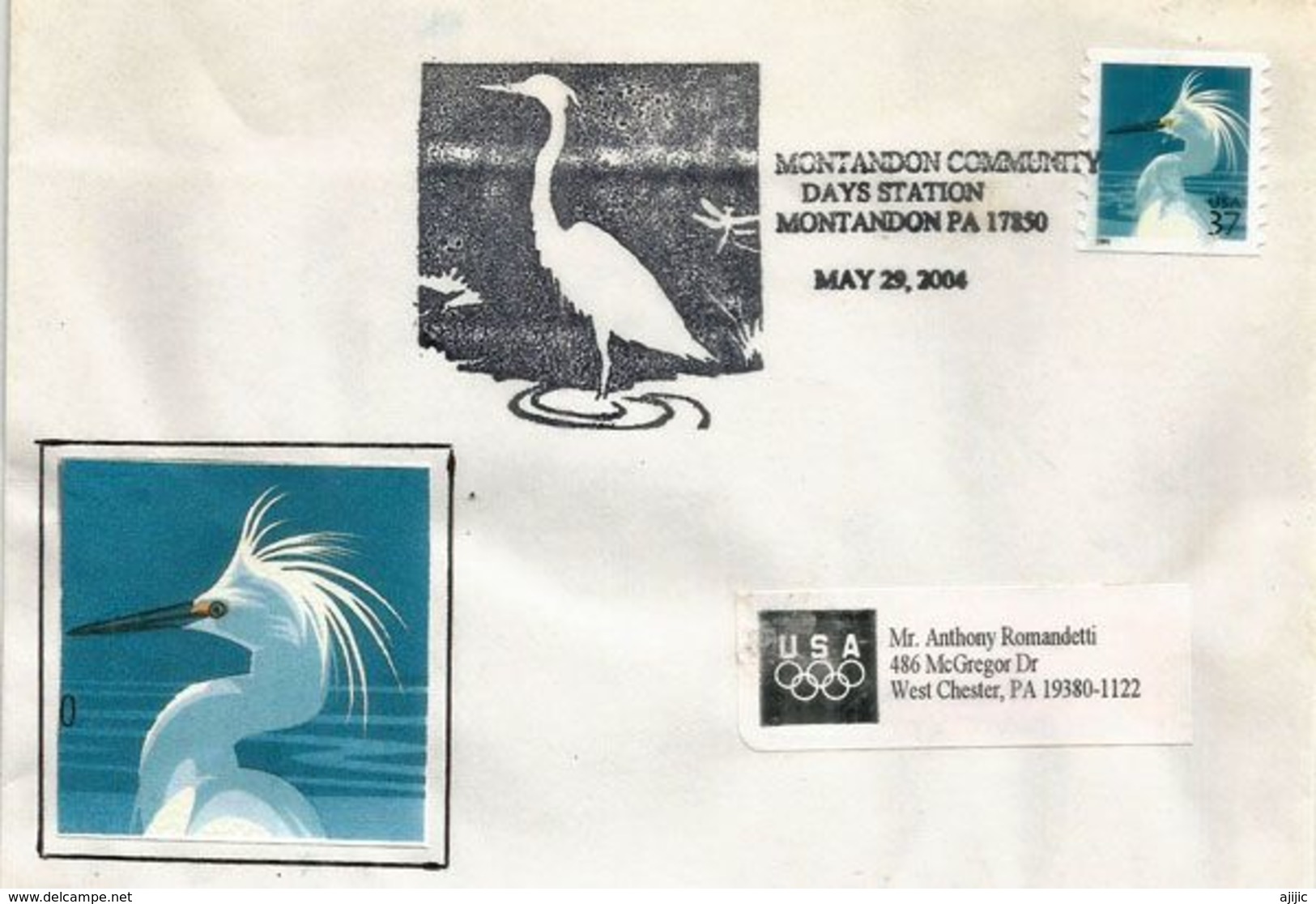 USA.Aigrette Blanche,  Lac Montandon. Pennsylvanie, Sur Lettre Souvenir 2004 - Cigognes & échassiers