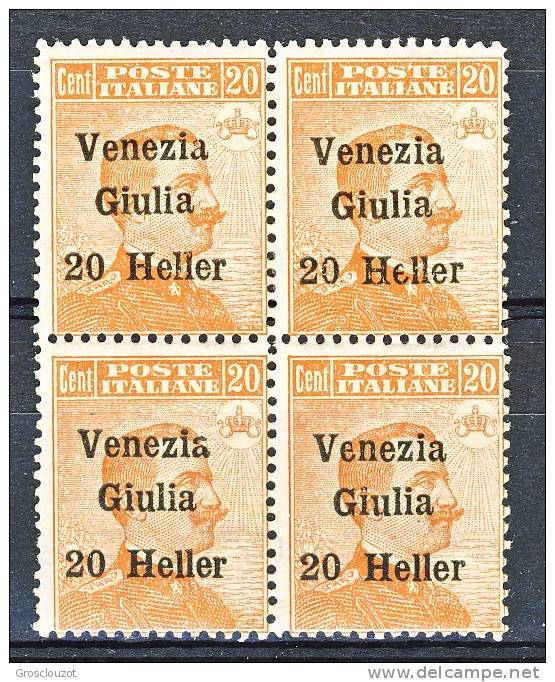 Venezia Giulia 1918-19 SS 3 N. 31 H. 20 Su C. 20 Arancio QUARTINA MNH - Vénétie Julienne