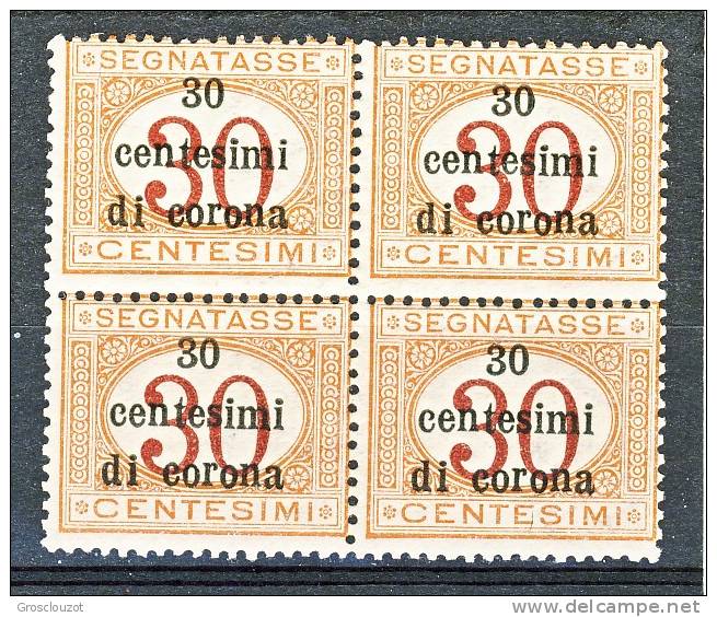 Trento E Trieste 1919 Segnatasse SS 3 N. 4 C. 30 Su C. 30 Arancio E Carminio. QUARTINA MNH - Trentino & Triest