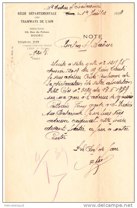 Lettre Des Tramways De L'Ain à St Didier-sur-Chalaronne, Pour Chalon-sur-Saône - Ohne Zuordnung