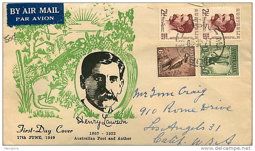 1949  Henry Lawson Pair On  Rex Bodin Cachet To USA Uprated  Mangoplah NSW - FDC