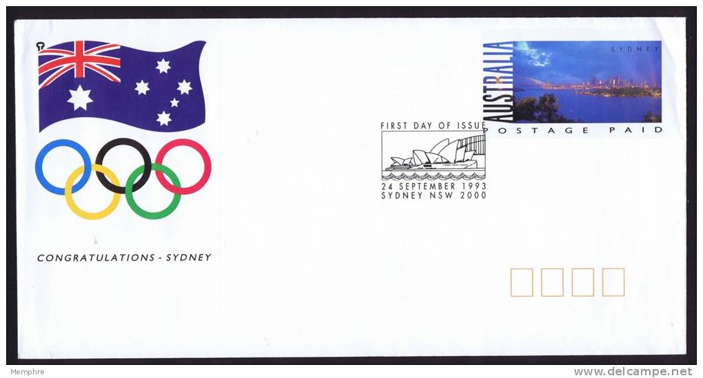 1993  Unrated  Pre-stamped Enveloppe  Congratulations - Sydney  Selection For  Olympic Games  FD Cancel - Enteros Postales