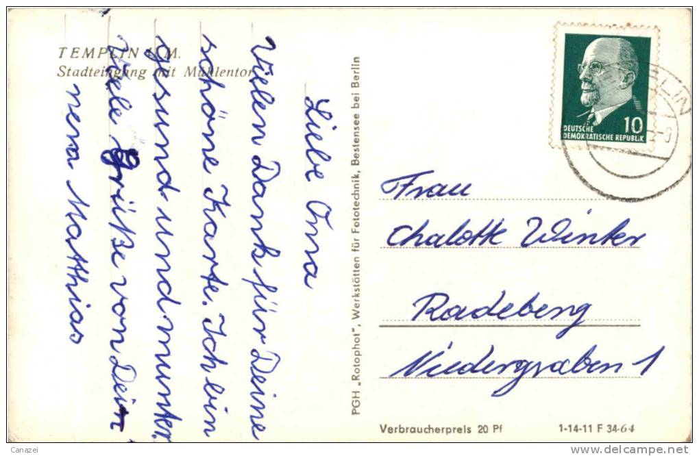 AK Templin, Stadteingang Mit Mühlentor, Gel, 1964 (zeitgenössisches Auto) - Templin