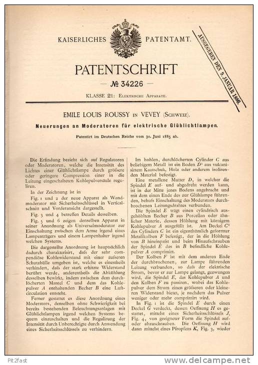 Original Patentschrift - E. Roussy In Vevey , Schweiz , 1885 , Regulator Für Lampen , Laternen , Laterne !!! - Luminaires & Lustres