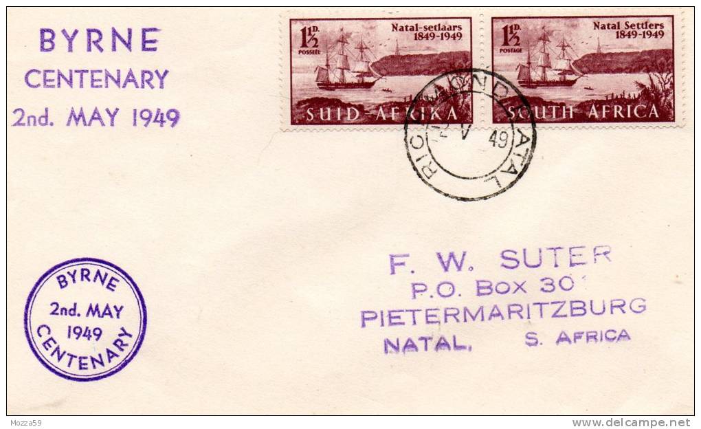 South Africa 1949,  Byrne Centenary 2 May 1949. Richmond, Natal, First Day Cover - Storia Postale