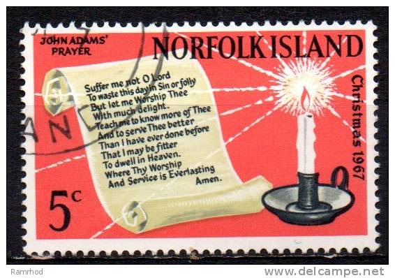 NORFOLK ISLAND 1967 Christmas. - Prayer Of John Adams And Candle 5C  FU - Norfolkinsel