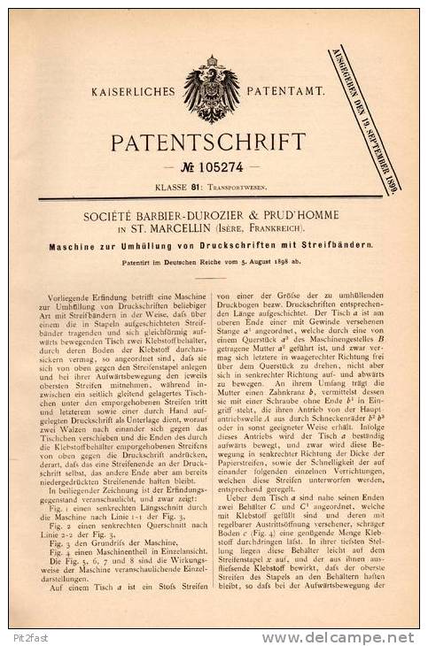 Original Patentschrift - Barbier-Durozier & Prud In Saint Marcellin , 1898 , Machine Pour Publications Ruban !!! - Machines