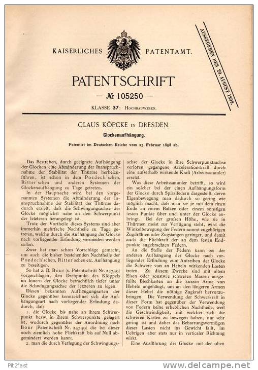 Original Patentschrift - C. Köpcke In Dresden , 1898 , Glocken - Aufhängung , Glocke , Kirche , Frauenkirche !!! - Bells