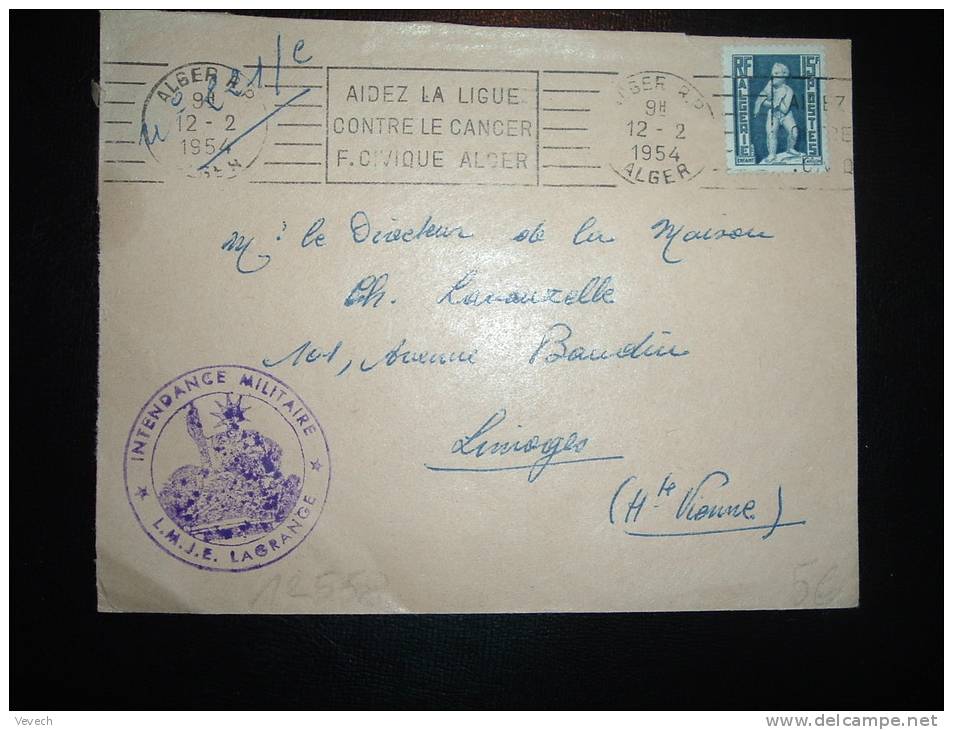 LETTRE POUR FRANCE TP ENFANT 15F OBL.MEC. 2-2-1954 ALGER RP ALGER + AIDEZ LA LIGUE CONTRE LE CANCER + CACHET MILITAIRE - Covers & Documents