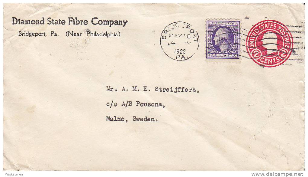 United States Uprated Private Postal Stationery Ganzsache DIAMOND STATE FIBRE CO., BRIDGEPORT 1922 To MALMÖ Sweden - 1921-40