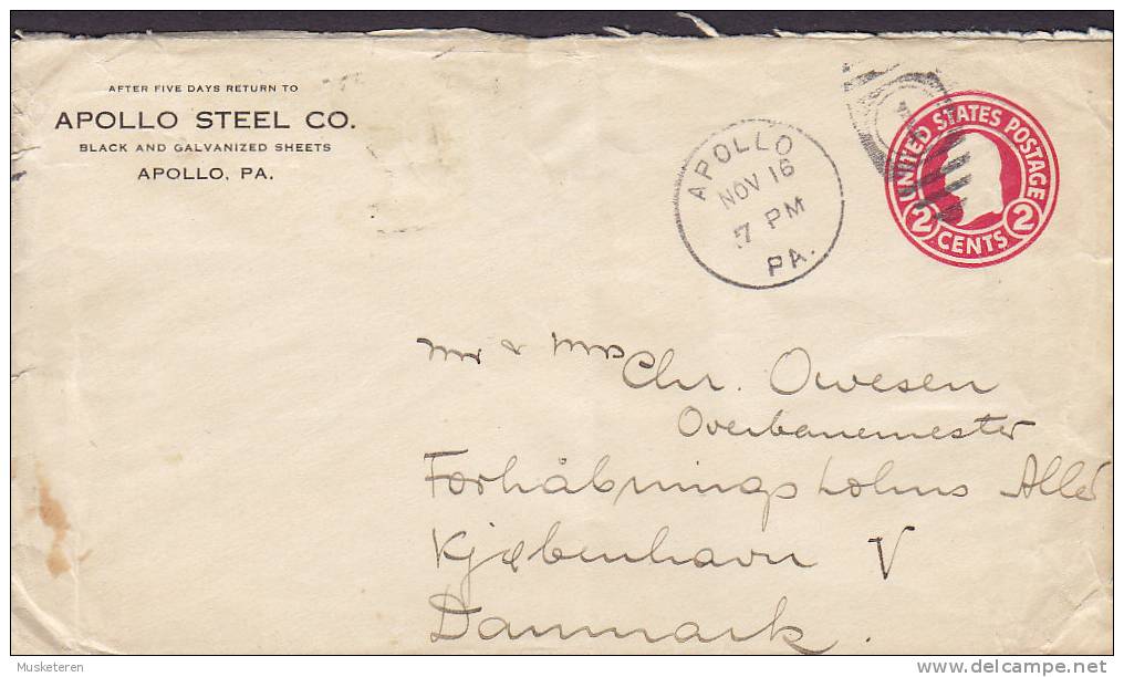 United States (Uprated) Private Postal Stationery Ganzsache APOLLO STEEL CO. APOLLO (Pa.) 1920? To Denmark (2 Scans) - 1901-20