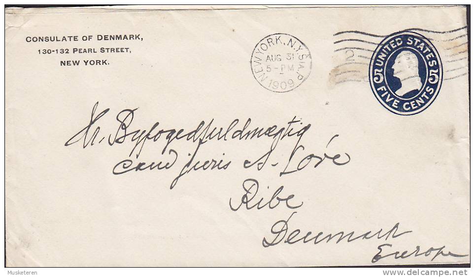 United States Private Postal Stationery Ganzsache CONSULATE OF DENMARK, NEW YORK 1909 Cover To RIBE Denmark (2 Scans) - 1901-20