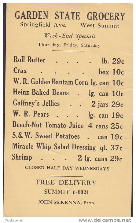 United States Private Postal Stationery Ganzsache GARDEN STATE GROCERY, SUMMIT (No Date , WWI) Locally Sent (2 Scans) - 1901-20