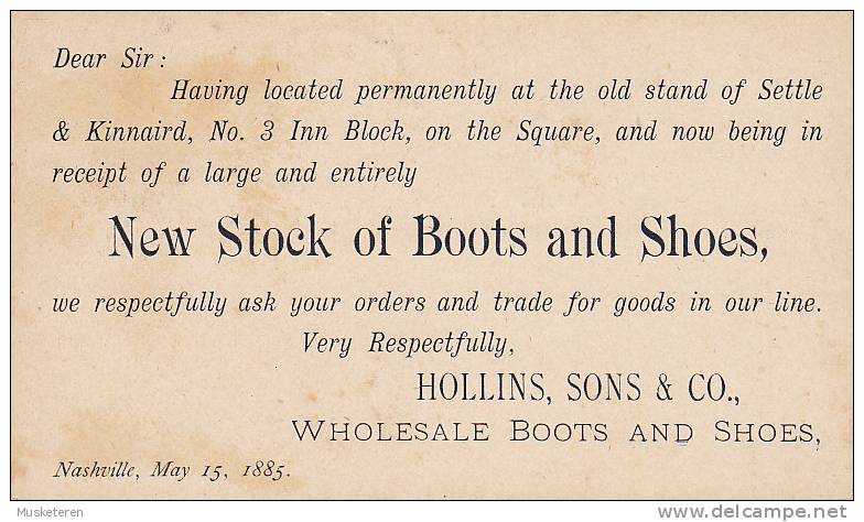 United States Private Postal Stationery Ganzsache HOLLINS, SONS & CO. Boots & Shoes NASHVILLE (Ten.) 1885 Card (2 Scans) - ...-1900