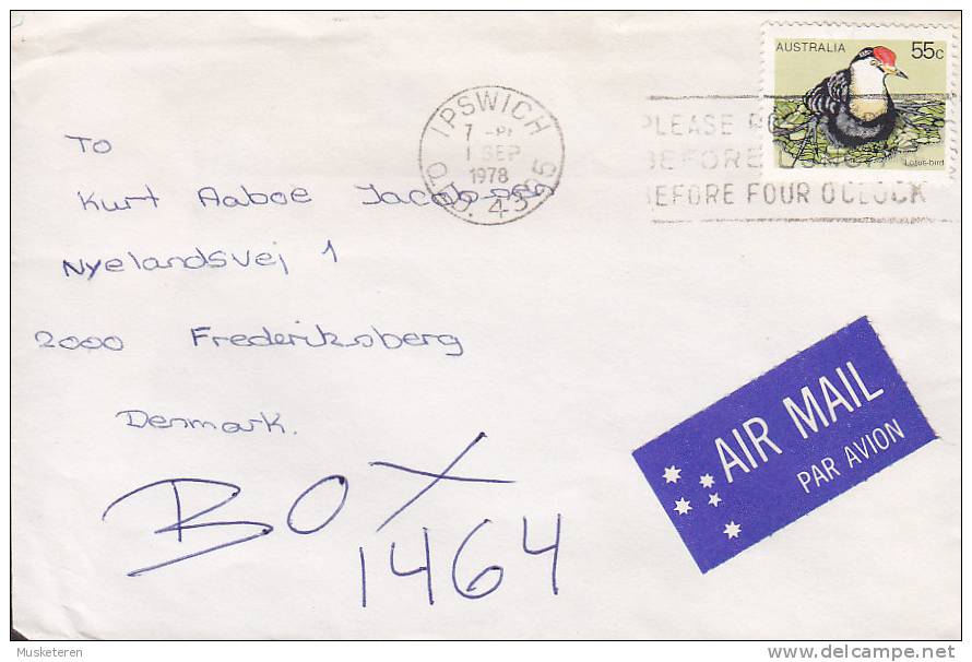 Australia Airmail Par Avion Label IPSWICH Qld. 1978 Cover To Denmark Bird Vogel Oiseau Lotus-Bird & Cachet (2 Scans) - Covers & Documents