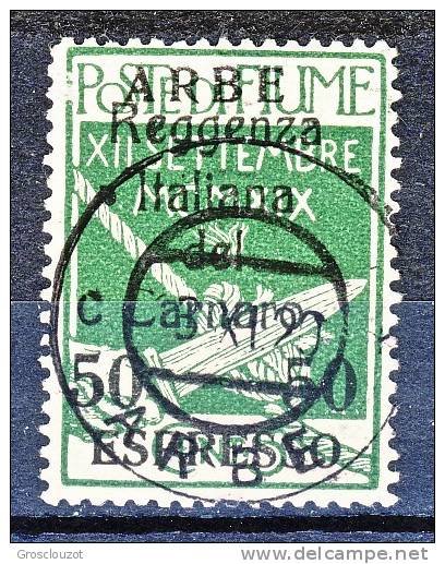 Arbe 1920 Bolli Di Fiume Soprastampati Reggenza Italiana Del Carnaro  Espresso N. 2 C. 50 Su 5 Verde USATO Cat. € 250 - Arbe & Veglia