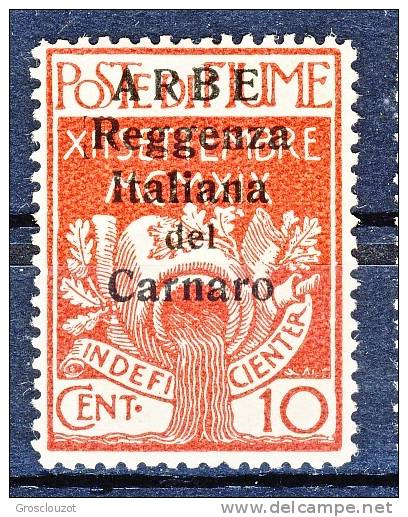 Arbe 1920 Francobolli Di Fiume Soprastampati Reggenza Italiana Del Carnaro SS 51 N. 6 C. 10  Carminio MNH  Cat. € 135 - Arbe & Veglia