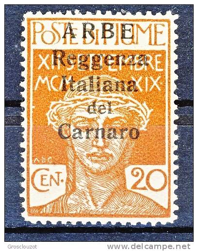 Arbe 1920 Bolli Di Fiume Soprastampati Reggenza Italiana Del Carnaro N. 7 C.20 Ocra MNH  Cat. € 275 - Arbe & Veglia