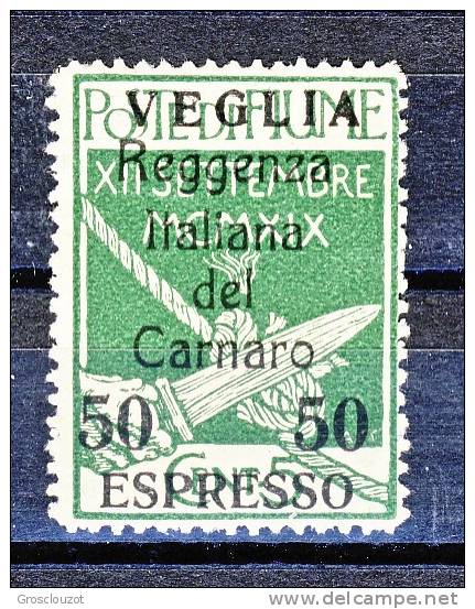 Veglia 1920 Espresso N. 2 C. 50 Su 5 Verde Bolli Di Fiume Soprastampati Reggenza Italiana Del Carnaro MLH Cat. € 350 - Arbe & Veglia