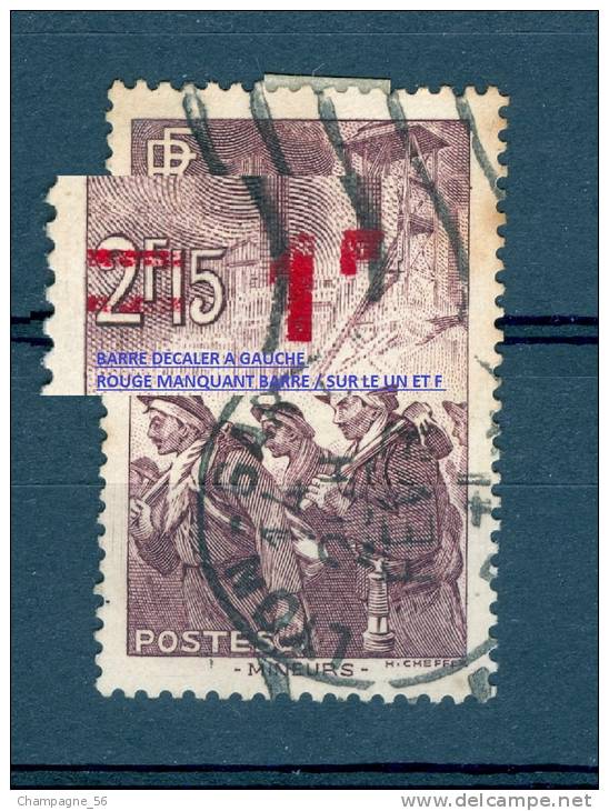 VARIÉTÉS FR 1940 / 1941 N° 489 MINEURS 1 F.ROUGE  SUR 2 F. 15   OBLITÉRÉ  DOS CHARNIÈRE YVERT TELLIER 0.50 € - Gebraucht