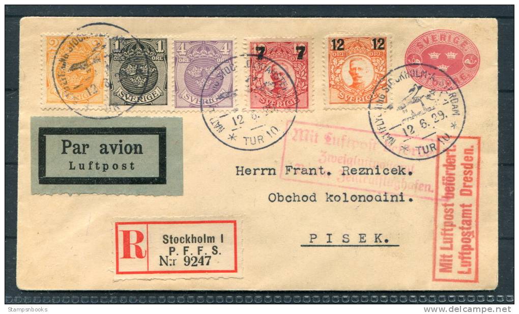 1929 Sweden Stockholm - Amsterdam Registered Flight Stationery Cover Berlin Dresden - Used Stamps