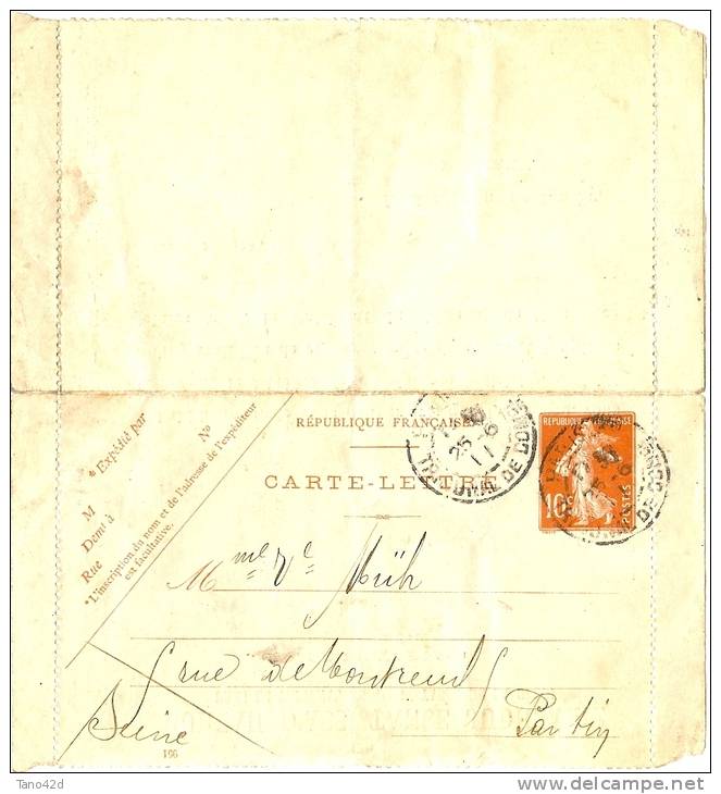 LPU13 - C.L. SEMEUSE CAMEE 10c  DATE "951" RENVERSEE REPIQUAGE "BUREAU D'ASSISTANCE JUDICIAIRE" VOYAGEE JUIN 1911 - Cartes-lettres