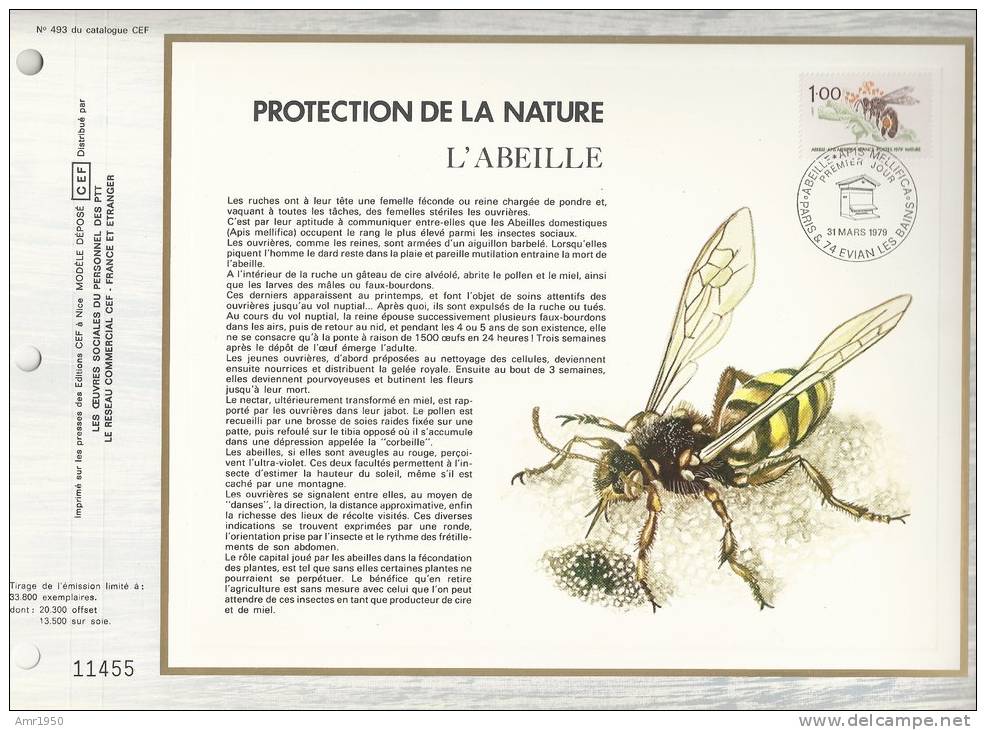 France CEF 493 - Protection De La Nature "l'abeille" - 1er Jour Abeille Apis Mellifica - Evian Les Bains - T. 2039 - Covers & Documents