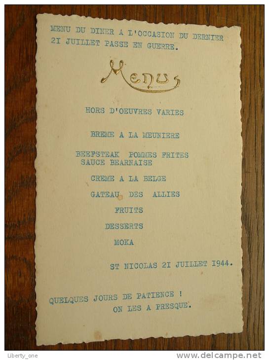 Diner Dernier 21 Juillet Passe En Guerre ST. NICOLAS 1944 / Joseph Jacobs - Geboes ( Details Zie Foto ) ! - Menus