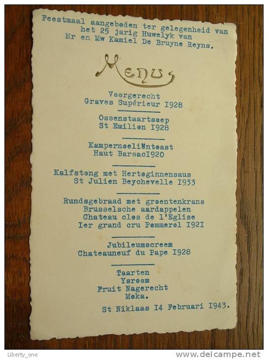 Feestmaal Huwelijk Kamiel De BRUYNE - REYNS St. Niklaas 14 Februari 1943 ( Details Zie Foto ) ! - Menus