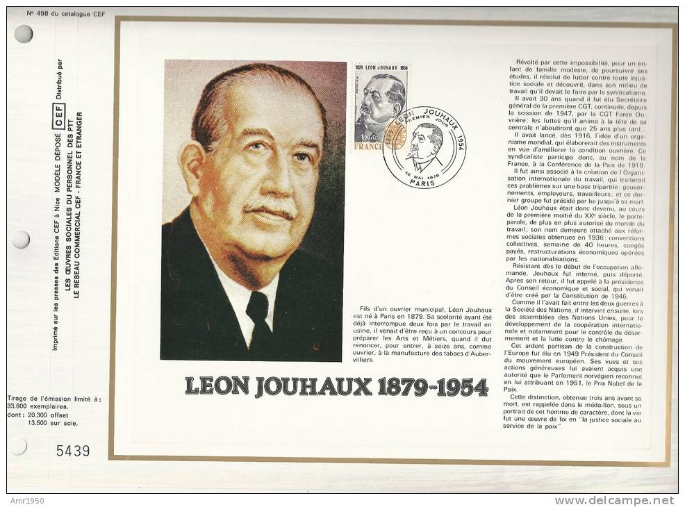 France CEF 498 - Léon Jouhaux 1879-1954 - 1er Jour 12 Mai 1979 Paris - T. 2030 - Brieven En Documenten